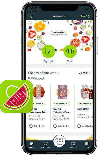 Image of a smartphone displaying the Co-operative Food app
